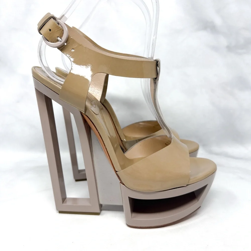 CASADEI Vintage Y2K Sky High Chunky Platform Patent Leather T Strap Sandal Heels